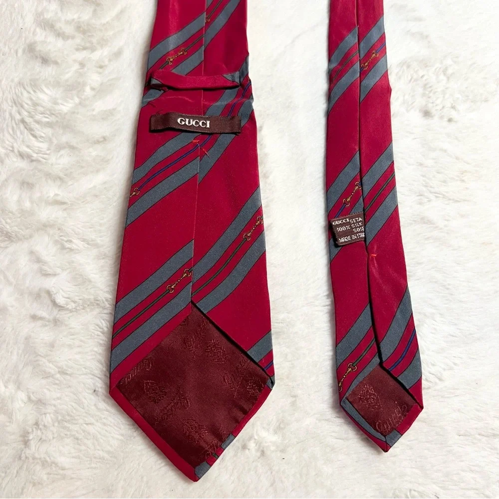Vintage Gucci Silk Monogram Horsebit Tie Red Gray Vertical Striped Navy Gold